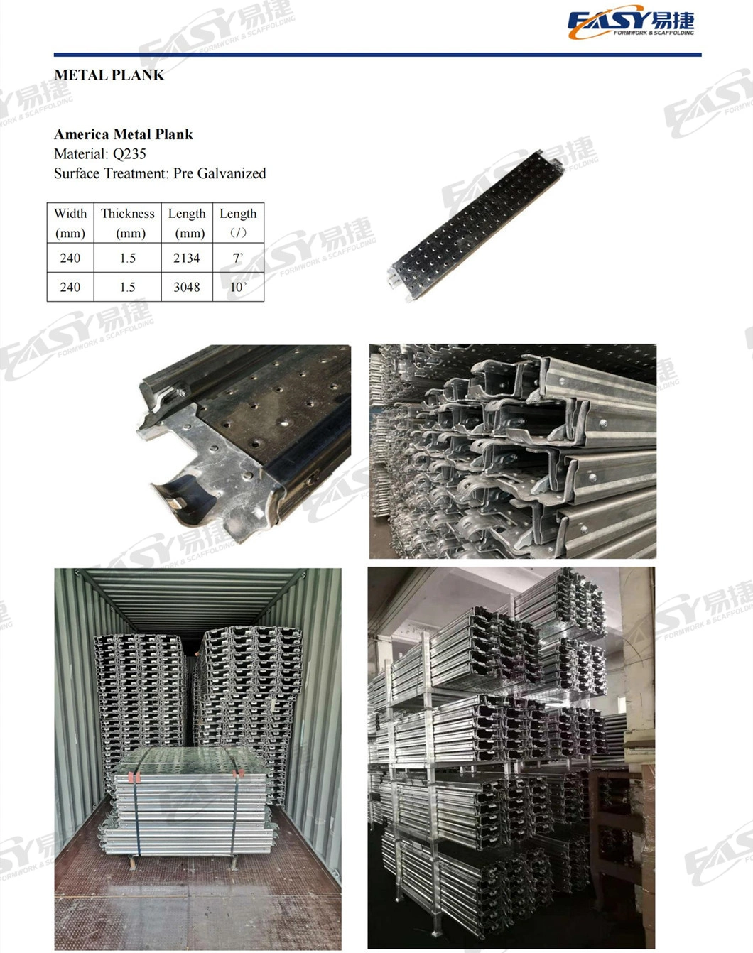 Easy Scaffolding 230/320mm Osha BS1139 En Eurpo American Australia Type Galvanized Scaffold Metal/Aluminum Walk Board Steel Deck Plank for Construction